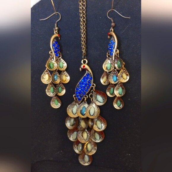 Vintage Antique Style Rhinestones Peacock Necklace Earrings Set